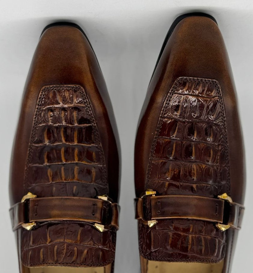 italian toe with brown premium croco leather