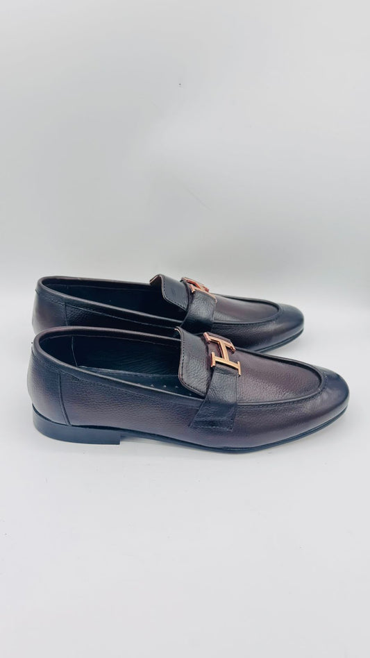 Luxury Black Leather Loafers with Signature “H” Buckle