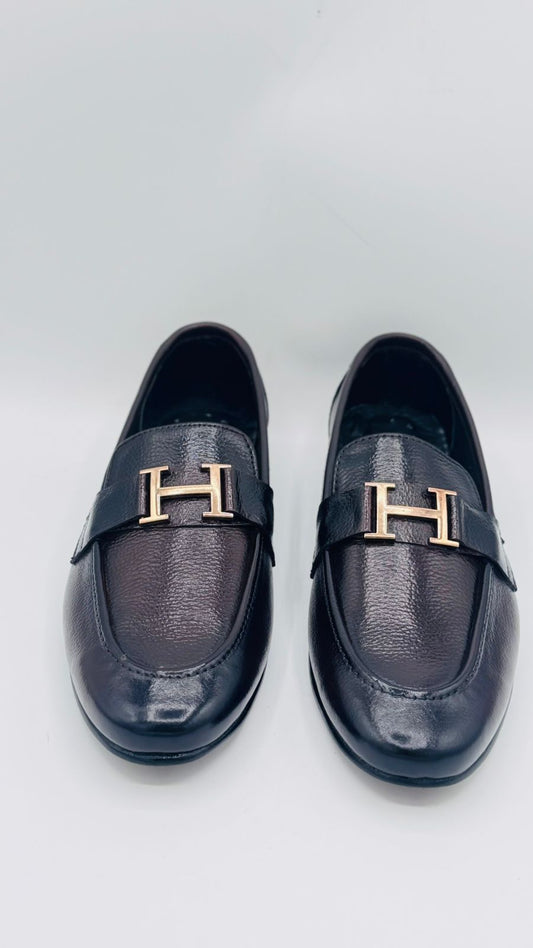 Luxury Black Leather Loafers with Signature “H” Buckle